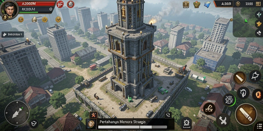 Screenshot gameplay A200M yang menunjukkan serangan menara pertahanan.
