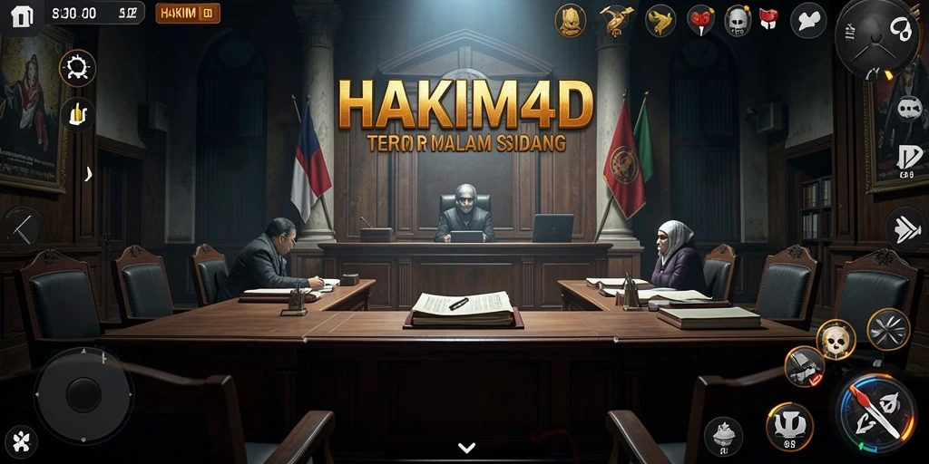 Screenshot HAKIM4D menunjukkan suasana seram ruang sidang yang berkabut.
