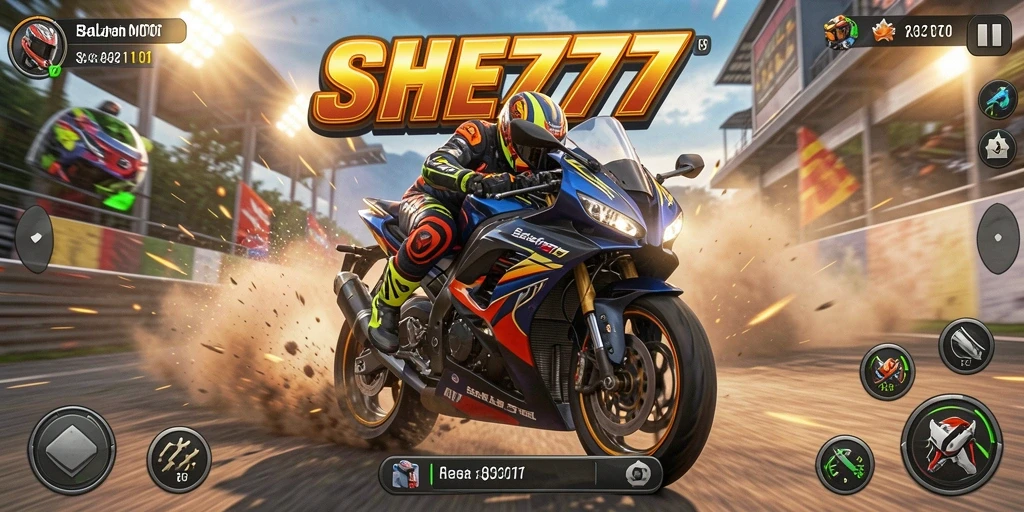 Tangkapan layar utama game SHE777 menampilkan aksi balapan motor yang mendebarkan.