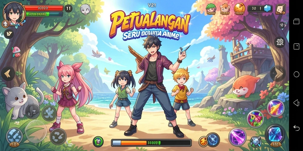 Tampilan gameplay V21 yang penuh aksi dan karakter Anime yang berwarna.